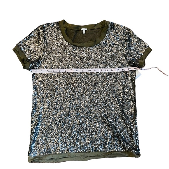 J. Crew Olive Green Sequin Embellished Short Sleeve Shirt Blouse - Picture 12 of 16